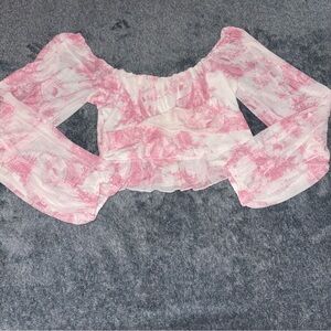 Pie in the Sky Long Sleeve White and Pink Toile Faux Wrap Front Top Size Medium